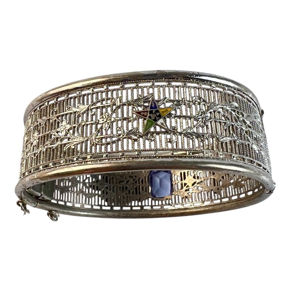 Vintage Ostby & Barton Sterling Silver Filigree Bangle Bracelet Eastern Star - Picture 6 of 10